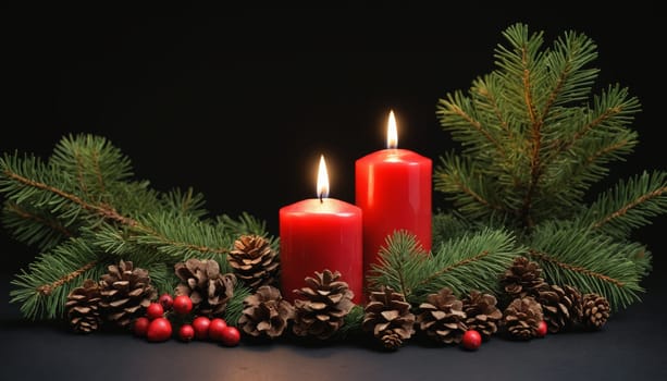 Two glowing red candles stand amidst lush pine branches and scattered pine cones, creating a serene and inviting ambiance perfect for winter festivities.