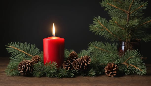 A vibrant red candle burns softly at the center, embraced by fresh pine branches and rustic pine cones, creating a serene and inviting atmosphere for winter gatherings.