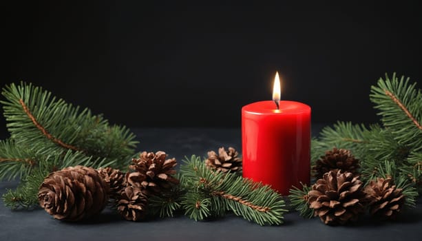 A vibrant red candle burns softly at the center, embraced by fresh pine branches and rustic pine cones, creating a serene and inviting atmosphere for winter gatherings.