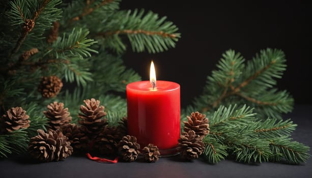 A vibrant red candle burns softly at the center, embraced by fresh pine branches and rustic pine cones, creating a serene and inviting atmosphere for winter gatherings.