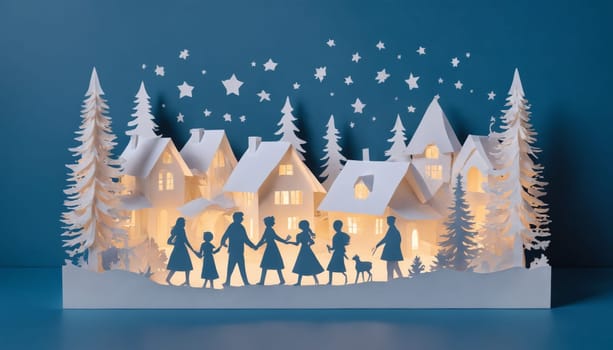 Delicate paper cutouts create a whimsical winter village illuminated from within, showcasing families and trees against a serene blue backdrop.