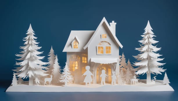 Delicate paper cutouts create a whimsical winter village illuminated from within, showcasing families and trees against a serene blue backdrop.