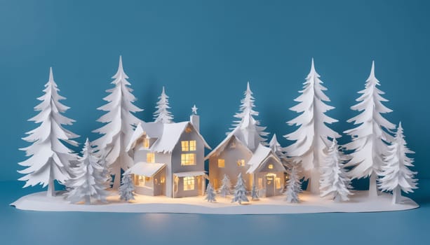 An enchanting winter landscape unfolds with intricately crafted white paper houses, softly illuminated amidst towering evergreen trees, evoking a dreamy holiday atmosphere.