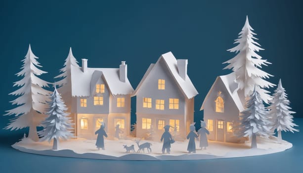 In a serene winter setting, a charming village made of paper shines softly, with illuminated windows, snowy trees, and joyful figures enjoying the evening.