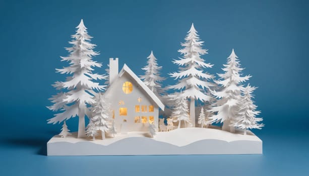 In a serene winter setting, a charming village made of paper shines softly, with illuminated windows, snowy trees, and joyful figures enjoying the evening.