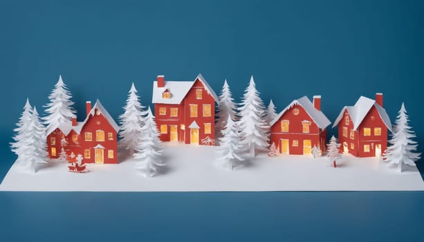 This delightful winter village showcases beautifully crafted paper houses with warm glowing windows, surrounded by fluffy snow-covered trees, perfect for enhancing the holiday mood.
