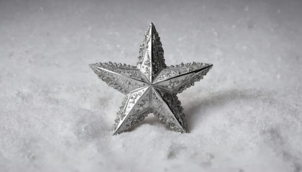A beautifully crafted silver star stands out against a bed of fresh, untouched snow, capturing the magic of winter in a tranquil outdoor setting.