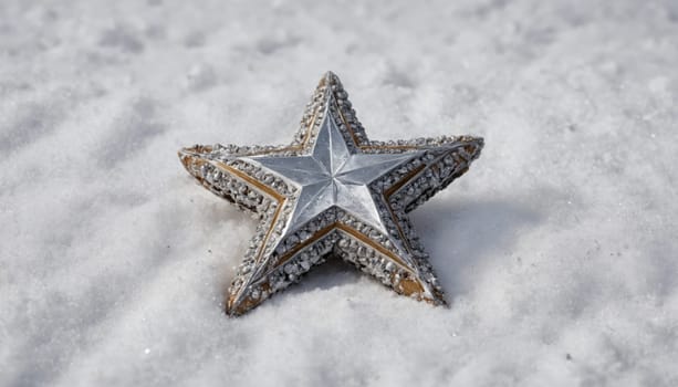 A beautifully crafted silver star stands out against a bed of fresh, untouched snow, capturing the magic of winter in a tranquil outdoor setting.