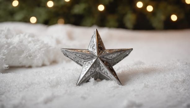 A beautifully crafted silver star is nestled in soft, untouched snow, reflecting the serene morning light. The winter scene evokes a sense of calm and wonder.