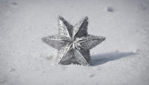 A beautifully crafted silver star is nestled in soft, untouched snow, reflecting the serene morning light. The winter scene evokes a sense of calm and wonder.