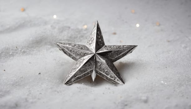 A beautifully crafted silver star stands out against a bed of fresh, untouched snow, capturing the magic of winter in a tranquil outdoor setting.