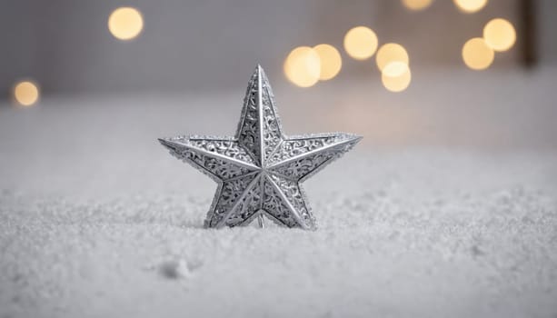 A stunning silver star ornament sits atop a blanket of soft white snow, illuminated by the gentle glow of twinkling lights, evoking holiday cheer and warmth.