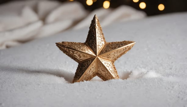 A stunning silver star ornament sits atop a blanket of soft white snow, illuminated by the gentle glow of twinkling lights, evoking holiday cheer and warmth.