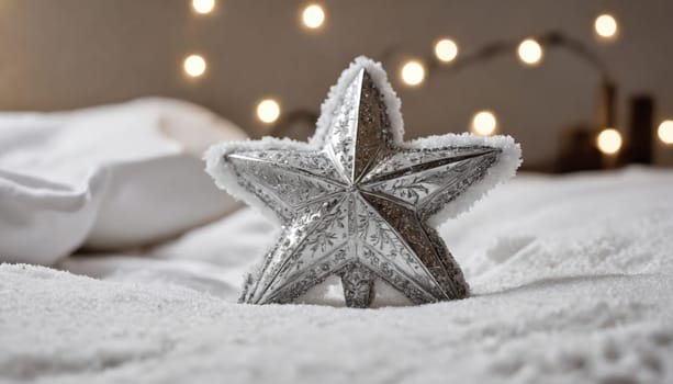 A stunning silver star ornament sits atop a blanket of soft white snow, illuminated by the gentle glow of twinkling lights, evoking holiday cheer and warmth.