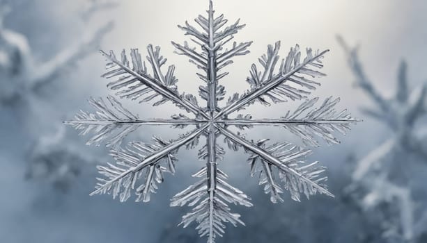 Glistening under soft winter light, this intricate snowflake exhibits stunning symmetry and detail, symbolizing the beauty of the cold season and nature's craftsmanship.