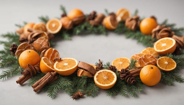 Bright oranges and aromatic cinnamon sticks beautifully arranged with fresh greenery and berries, creating a warm and inviting decoration for the holiday season.