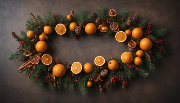 Bright oranges surrounded by fragrant pine branches and aromatic spices create a warm, inviting atmosphere that embodies the joy of the holiday season.