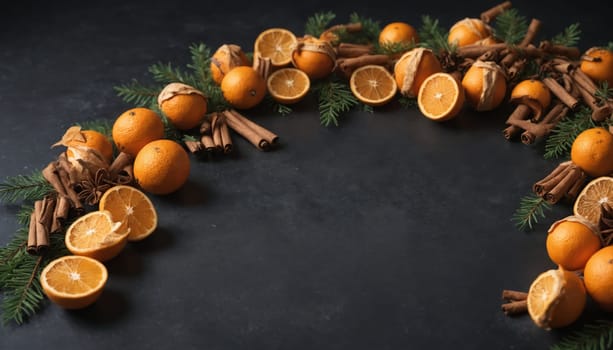 A beautiful arrangement of fresh oranges, aromatic cinnamon, and pinecones creates a delightful holiday wreath, evoking warmth and seasonal cheer.