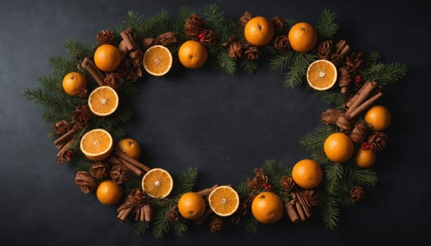 A beautiful arrangement of fresh oranges, aromatic cinnamon, and pinecones creates a delightful holiday wreath, evoking warmth and seasonal cheer.