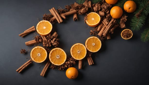 A beautiful arrangement of fresh oranges, aromatic cinnamon, and pinecones creates a delightful holiday wreath, evoking warmth and seasonal cheer.