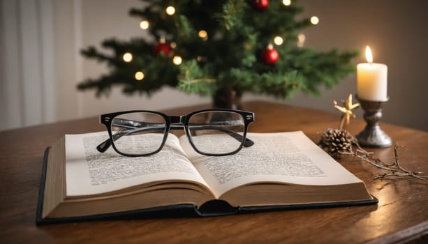 Nestled in a soft glow, a pair of glasses rests atop an open book, surrounded by festive decorations, a glowing candle, and a charming Christmas tree in the background.