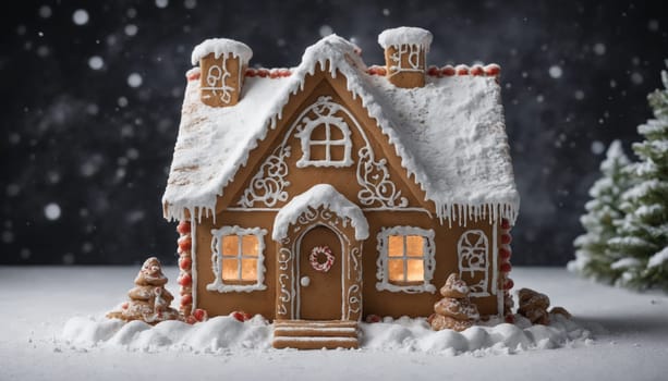 The enchanting gingerbread house, with its intricate icing details, sparkles under soft lights, nestled in a snowy landscape, capturing the spirit of the holidays.