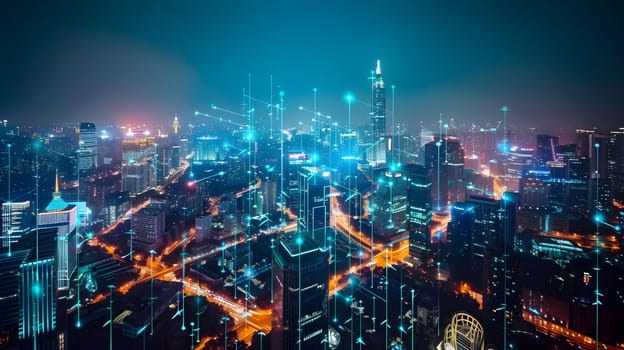 Aerial night view of a vibrant cityscape with illuminated skyscrapers and streets