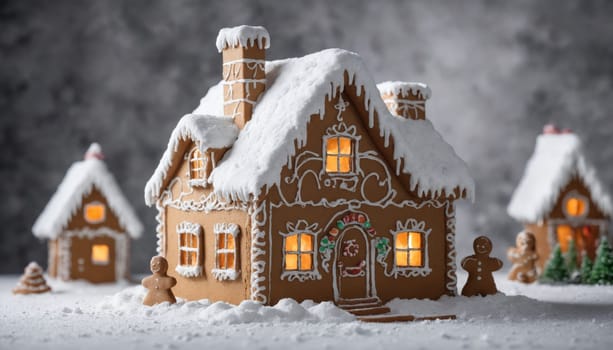 The enchanting gingerbread house, with its intricate icing details, sparkles under soft lights, nestled in a snowy landscape, capturing the spirit of the holidays.