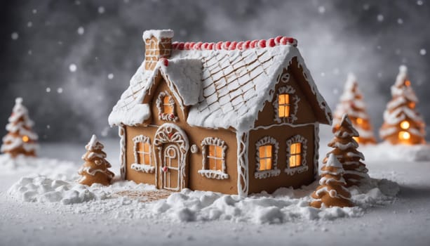 Delightful gingerbread house with intricate icing details sits among snowy trees. Warm light glows from the windows, creating a cozy winter ambiance.