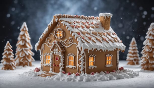 Delightful gingerbread house with intricate icing details sits among snowy trees. Warm light glows from the windows, creating a cozy winter ambiance.