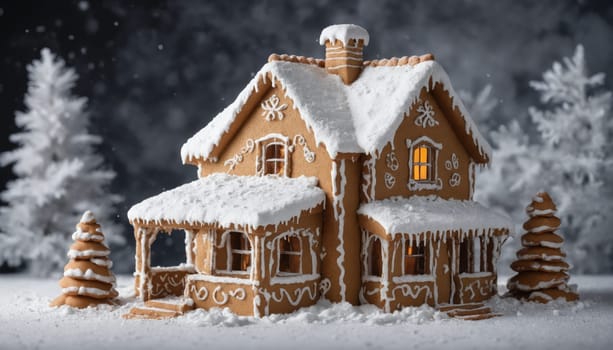 The delightful gingerbread house, with its sugary decorations and snowy roof, radiates warmth as a glowing light shines from its windows amidst a serene winter landscape.