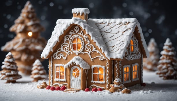 The delightful gingerbread house, with its sugary decorations and snowy roof, radiates warmth as a glowing light shines from its windows amidst a serene winter landscape.