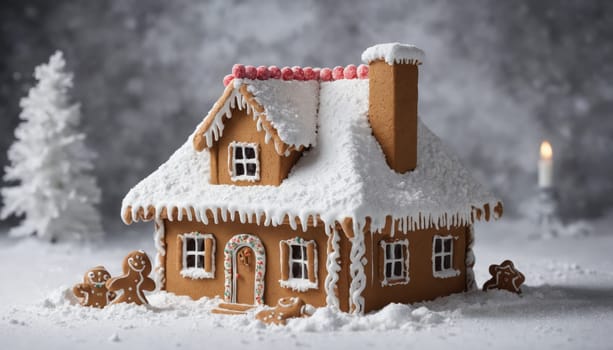 A delightful gingerbread house with detailed icing and colorful candy decor sits in a snowy landscape, evoking a cozy, festive atmosphere for the holidays.