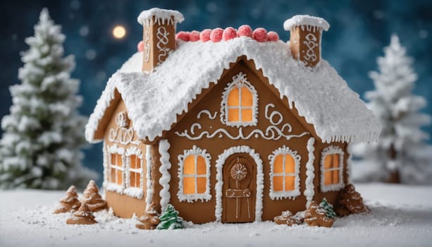 A delightful gingerbread house with detailed icing and colorful candy decor sits in a snowy landscape, evoking a cozy, festive atmosphere for the holidays.