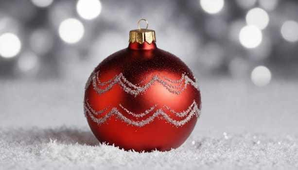 Glistening in soft light, the red ornament adorned with shimmering patterns brings a cheerful touch to the holiday season, evoking warmth and joy.