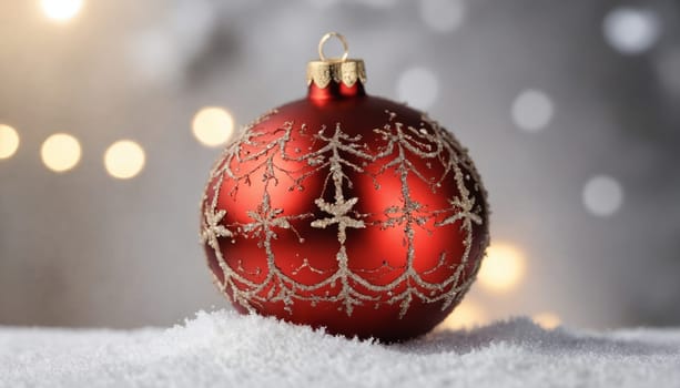 A striking red Christmas ornament adorned with golden designs sits atop a snowy backdrop, glistening amidst twinkling warm lights in a festive ambiance.