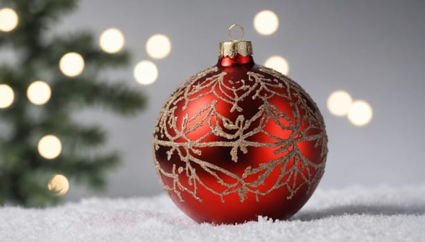 Glistening in soft light, the red ornament adorned with shimmering patterns brings a cheerful touch to the holiday season, evoking warmth and joy.