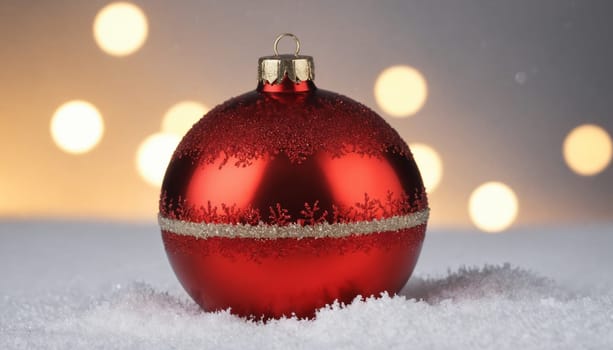 Glistening in soft light, the red ornament adorned with shimmering patterns brings a cheerful touch to the holiday season, evoking warmth and joy.