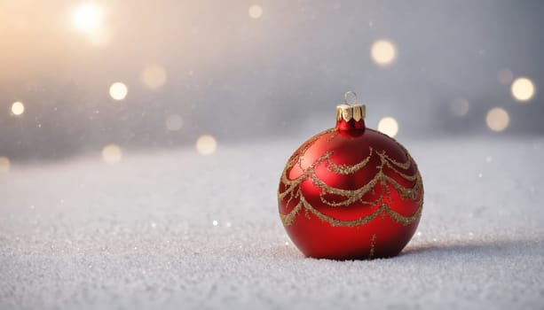 A striking red ornament adorned with glitter rests on a blanket of soft snow, surrounded by warm, twinkling lights that evoke the magic of the holiday season.