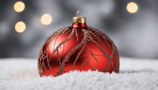 Two beautifully designed red ornaments with intricate silver patterns hang gracefully, surrounded by soft snowflakes in a tranquil winter setting.