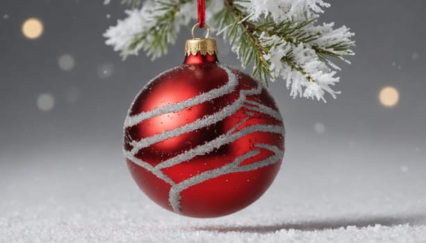 A striking red ornament adorned with glitter rests on a blanket of soft snow, surrounded by warm, twinkling lights that evoke the magic of the holiday season.