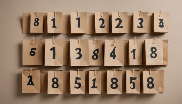 A grid of brown paper tags features large black numbers, each hanging by a clip against a soft beige background, creating a minimalist yet striking visual effect.