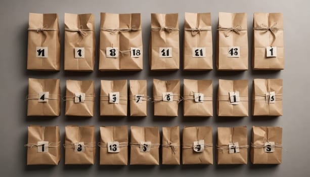 A grid of brown paper tags features large black numbers, each hanging by a clip against a soft beige background, creating a minimalist yet striking visual effect.