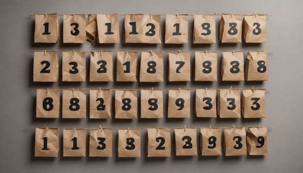 A collection of brown paper bags is carefully arranged on a wall, each marked with bold, black numbers. The artistic display encourages viewers to ponder their significance and purpose.