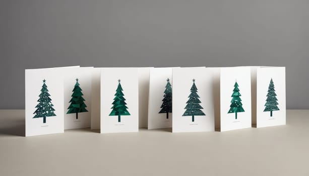 A collection of elegant holiday greeting cards featuring creative Christmas tree illustrations arranged neatly on a simple tabletop, ready for the festive season.