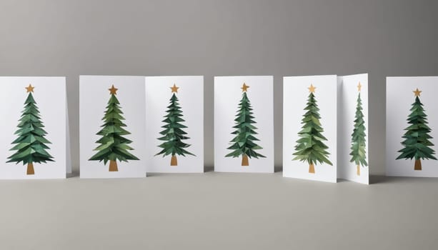 Christmas cards showcasing an array of artistic evergreen tree designs stand gracefully in a row, exuding holiday spirit against a soft, understated backdrop.