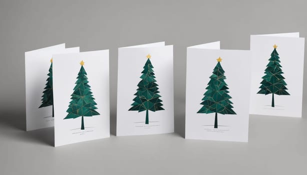A collection of elegant holiday greeting cards featuring creative Christmas tree illustrations arranged neatly on a simple tabletop, ready for the festive season.
