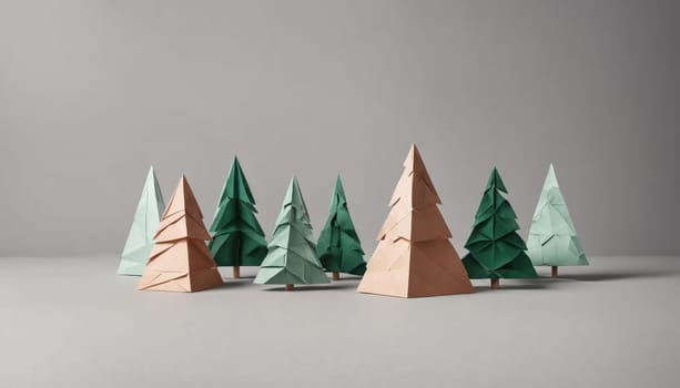 Christmas cards showcasing an array of artistic evergreen tree designs stand gracefully in a row, exuding holiday spirit against a soft, understated backdrop.