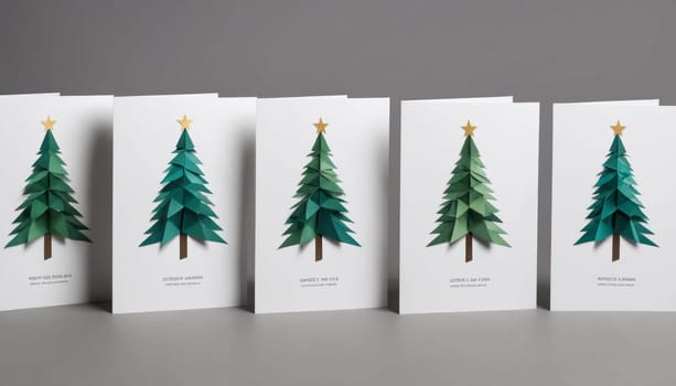 A collection of elegantly designed holiday greeting cards showcases beautiful paper-cut Christmas trees in varying shades of green, adorned with golden stars atop.