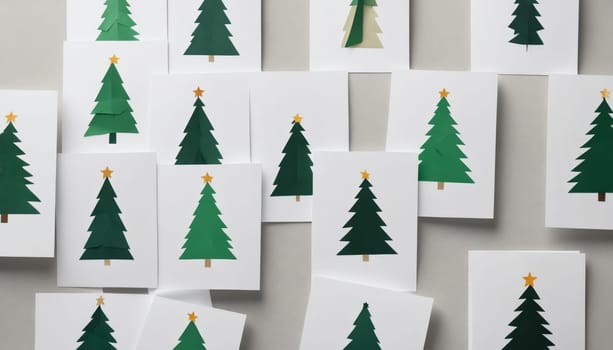 A collection of elegantly designed holiday greeting cards showcases beautiful paper-cut Christmas trees in varying shades of green, adorned with golden stars atop.